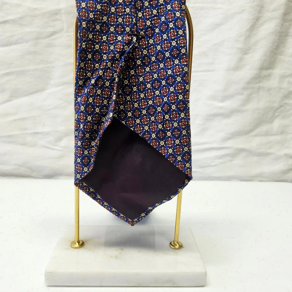 Handmade Silk Necktie Mens Navy Blue Burgundy Geometric Medallion Made‎ in USA